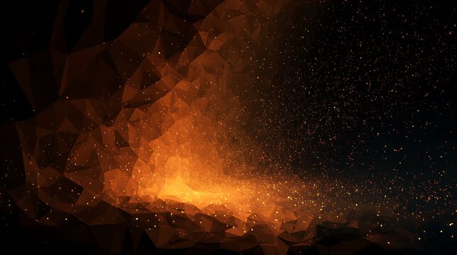 Abstract low poly background with golden embers and glowing particles. Dynamic light for digital art, gaming, or.