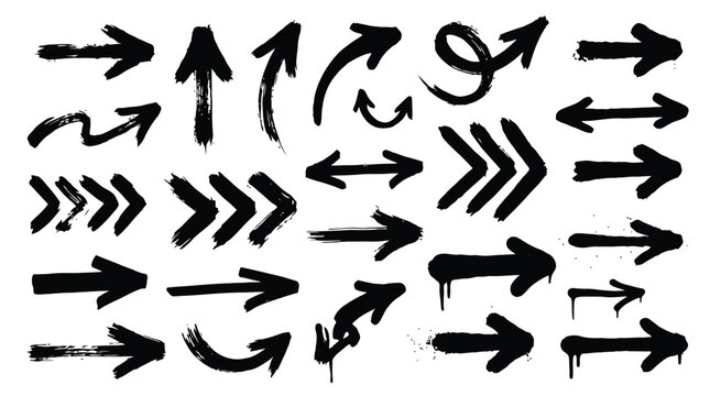 Hand drawn black ink brush arrows set, grunge paint stroke pointer collection, graffiti style directional symbols for creative design projects