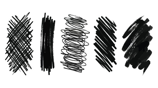 Hand drawn black marker scribbles and ink texture set, 5 messy pencil hatch strokes, charcoal sketch elements for grunge design and artistic overlays