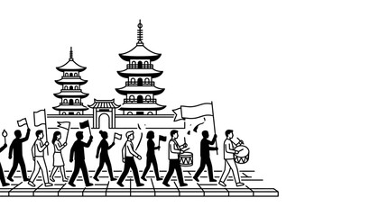 Fototapeta premium People marching in a protest parade with traditional pagodas