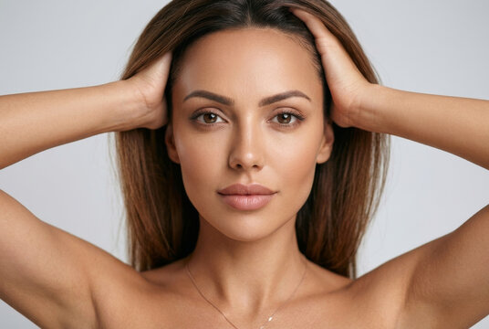 Close-up studio portrait of a beautiful young woman with long brown hair posing with her hands raised behind her head