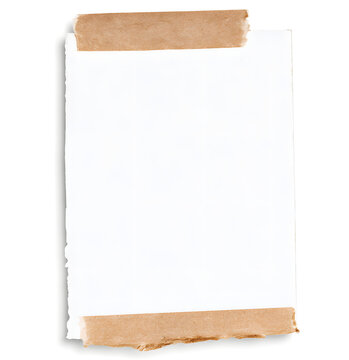 A blank note card mockup, featuring a message reminder card template with a transparent background. Infused with white paper texture, it also incorporates grungy, ripped brown adhesive washi tape. Sui