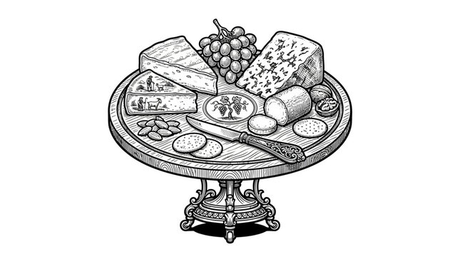 Assorted cheese and fruit platter on pedestal engraving.