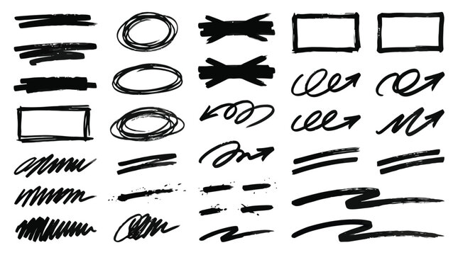 Hand drawn marker strokes and scribbles set, black ink brush elements for highlighting, 28 vector doodle arrows and frames for design