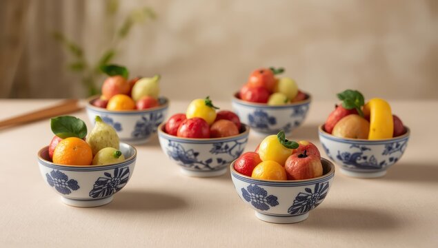 An artfully displayed assortment of vibrant Thai Luk Chup&mdash;tiny fruit-shaped mung bean sweets&mdash;in small ceramic bowls featuring classic blue-and-white designs.