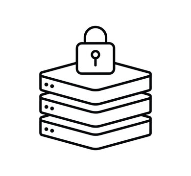 Data Security Icon. A stylized icon depicting stacked data servers secured with a padlock, representing data protection and cybersecurity.