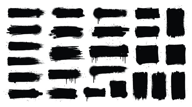 Grunge spray paint brush strokes, black graffiti drip textures and ink splatter set, 23 urban street art vector elements for graphic design