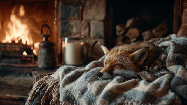 Red fox sleeping peacefully on a cozy plaid blanket in front of a warm fireplace, creating a serene winter atmosphere in a rustic home setting