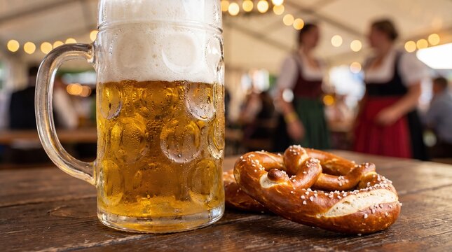 Frosty lager stein and salted pretzels on wooden table in lively Oktoberfest tent