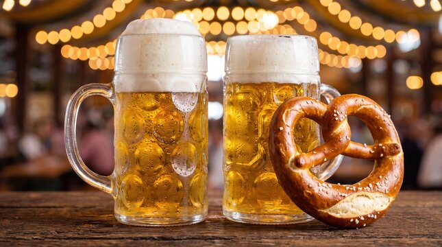 Chilled beer steins and salted pretzel on rustic table under warm Oktoberfest lights