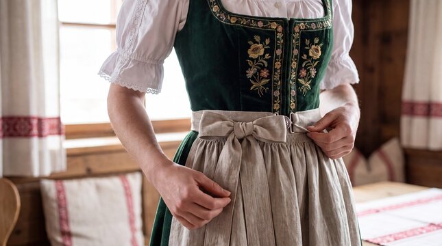 Woman adjusting traditional embroidered green dirndl and linen apron for Oktoberfest celebration