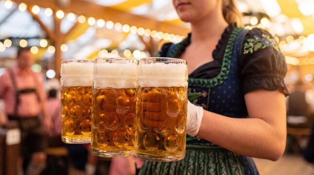 Waitress in traditional dirndl carries foaming beer steins inside an Oktoberfest celebration tent