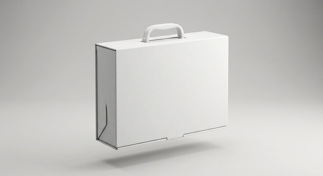 White cardboard briefcase box mockup with plastic handle on grey background.