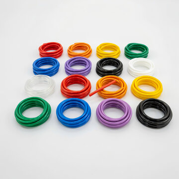 Assortment of colorful coiled plastic tubing on a white background image photo