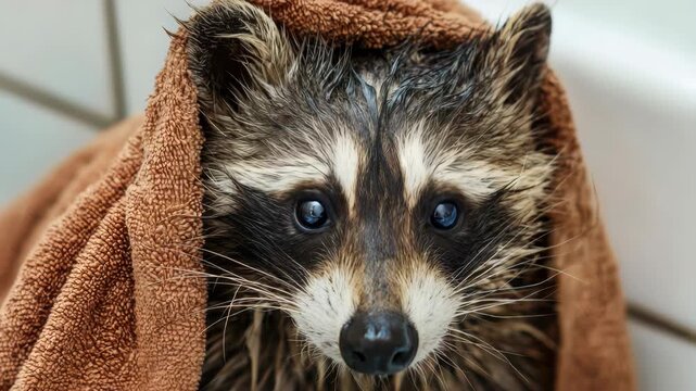 Cute wet raccoon wrapped in a brown towel after a bath, looking at the camera, close up portrait of a small wild animal in a domestic setting