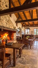 Obraz premium This cozy, rustic restaurant interior features a roaring stone fireplace, wooden furniture, and vaulted timber beams, evoking warmth, comfort, and tranquility with no people inside.