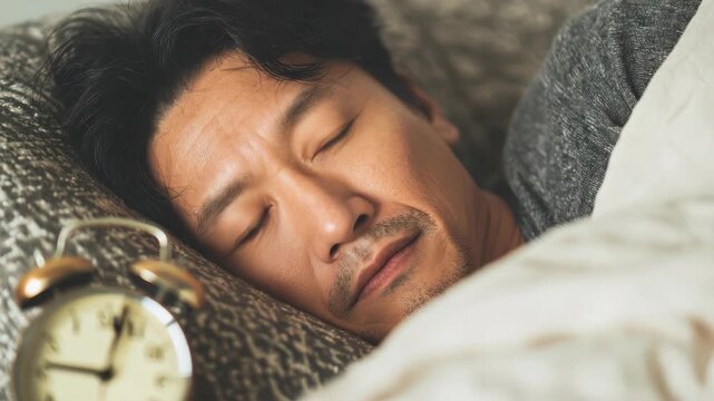 Middle aged Asian man waking up in bed with an alarm clock in the morning, tired expression, close up portrait shot of a guy resting in his bedroom