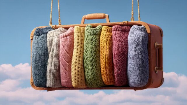 Vintage suitcase filled with colorful folded knitted sweaters hanging against a clear blue sky, representing travel, autumn fashion, and packing