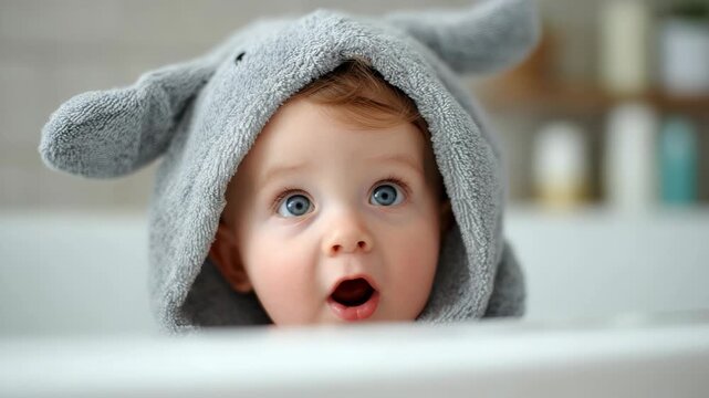 Cute baby in a grey elephant hooded towel looking at the camera with a surprised expression in a bright bathroom setting for family lifestyle