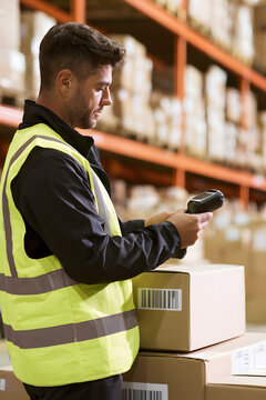A middle-aged worker taking a vertical shot with a barcode reader to manage inventory and track orders, ideal for logistics, retail operations, and supply chain management