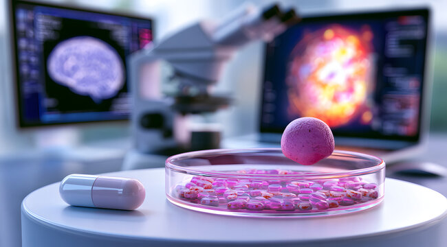 A specialized oncology laboratory scene features a nicotinamide pill beside cultured brain tumor cells in a petri dish, along with a microscope and a glowing brain scan on a monitor, depicting nutrien