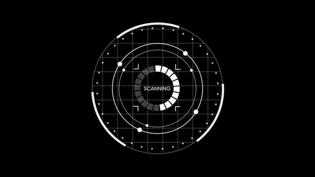 Futuristic hud scanning interface overlay with rotating circular data and grid background, heads-up display