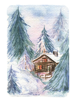 Watercolor Christmas card with a snowy landscape. Wooden cabin with a warm light in windows surrounded by trees and snow. Hand painted art in cozy vintage style. For sticker, art prints, scrapbooking