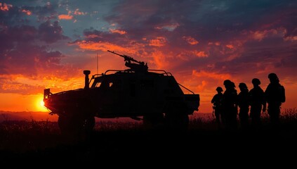 Fototapeta premium Armored vehicle silhouette with soldiers at sunset, representing military action.