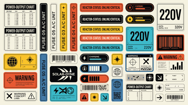 Retro industrial decals and sci-fi warning labels, vintage technical control panel stickers, futuristic cyberpunk interface elements vector set