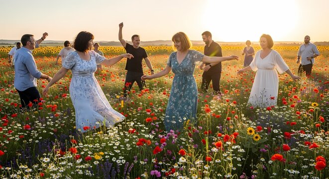 People dancing and celebrating in a field of wildflowers at sunset