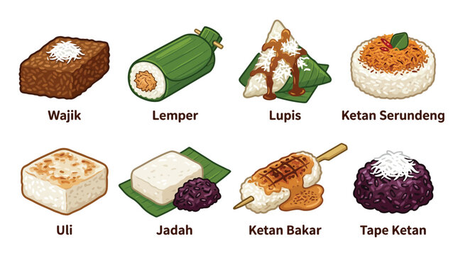 A collection of eight traditional Indonesian sweet snacks and desserts, each labeled with its name.