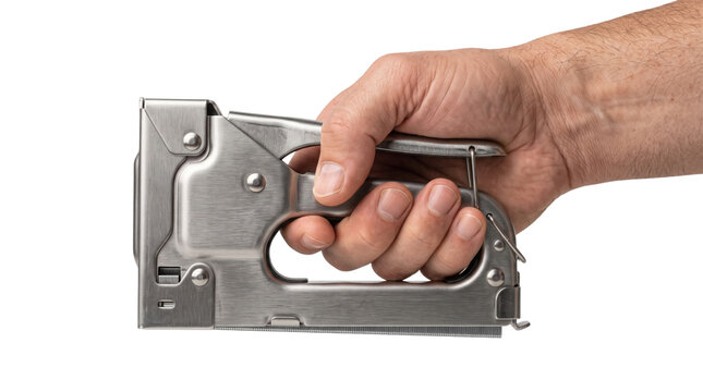 Heavy duty metal staple gun held by hand, industrial steel stapler for upholstery and construction, manual hand tool for home improvement projects