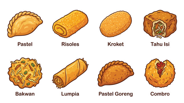 A collection of popular Indonesian fried snacks, including Pastel, Risoles, Kroket, Tahu Isi, Bakwan, Lumpia, Pastel Goreng, and Combro.