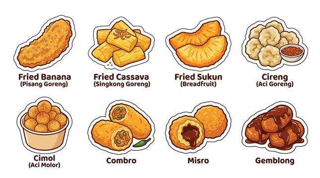 A collection of delicious Indonesian fried snacks, including fried banana, cassava, sukun, cireng, cimol, combro, misro, and gemblong.