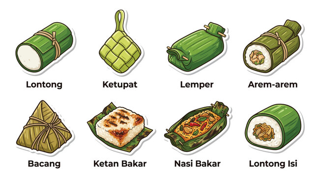 Collection of traditional Indonesian rice cakes and snacks wrapped in banana leaves.