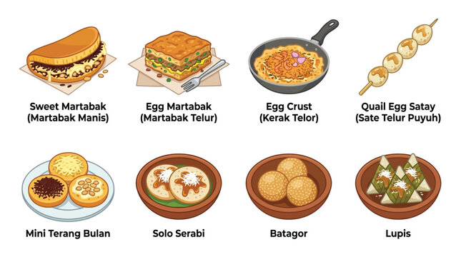 Collection of Indonesian Street Food Dishes, Including Sweet Martabak, Egg Martabak, and Quail Egg Satay.
