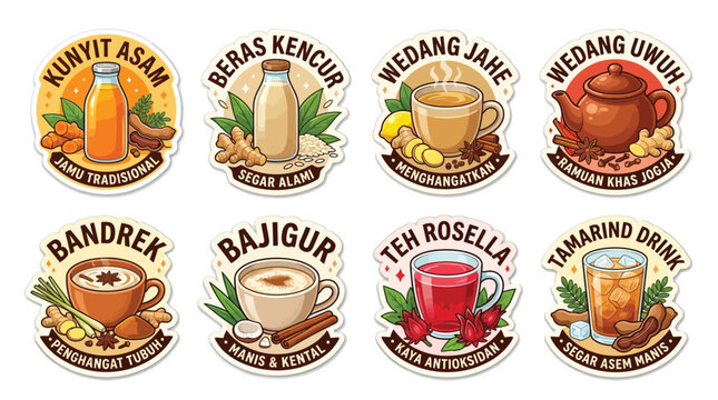 Collection of Traditional Indonesian Herbal Drinks and Beverages with Ingredients.