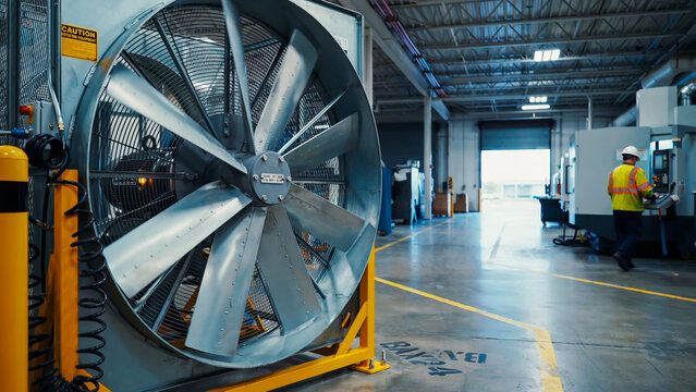 Close-up of a large industrial fan with a worker operating machinery in the factory background workshop