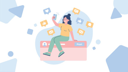 Obraz premium Young woman relaxing on a digital platform surrounded by floating icons.