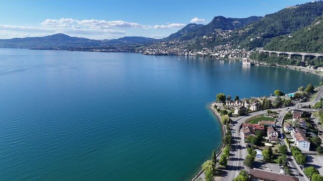 Aerial view of Villeneuve on Lake Geneva in Vaud, Switzerland