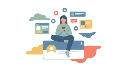 Fototapeta premium Illustration of a calm person using a laptop surrounded by clouds and digital icons in a collaborative workspace.