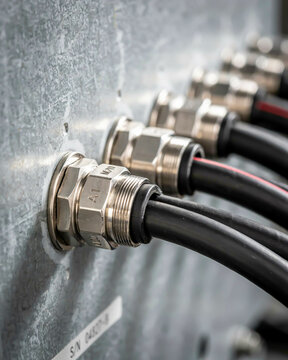 Close-up of Metal Cable Glands with Black Cables on a Textured Surface Keywords: cable, gland, metal, electrical, connection, industrial