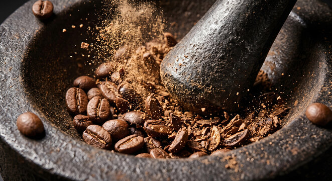 Roasted coffee beans being crushed in a dark stone mortar and pestle with flying powder representing traditional artisanal coffee preparation