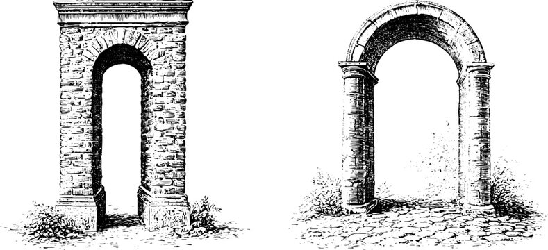Pair of vintage brick doorway and rounded arch line art with cobblestone base for architectural background and decorative design elements