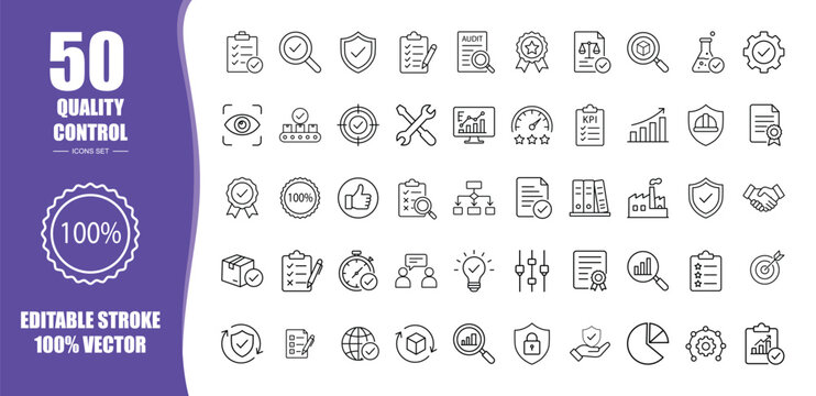Quality Control 50 Icon Set &ndash; Premium Quality Assurance, Inspection & Manufacturing Compliance Outline Vector Icons