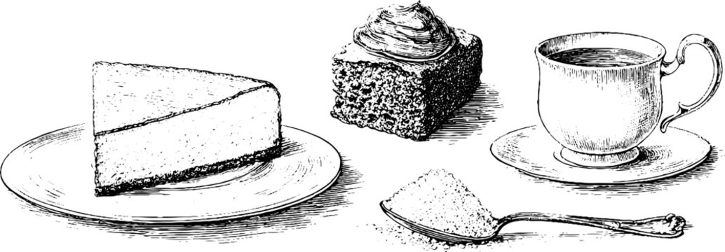 Hand drawn cake and coffee set with cheesecake slice brownie square and spoon for bakery menu background and packaging design