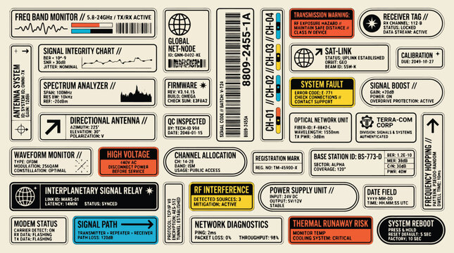 Retro futuristic tech labels and industrial stickers, sci-fi interface decals with barcodes and warnings, vintage technical equipment tag vector set