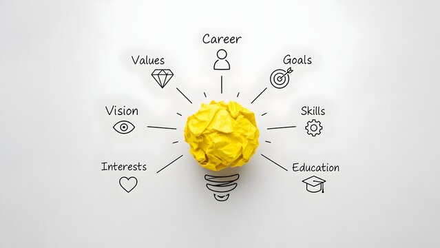 Yellow crumpled paper lightbulb with career development icons representing brainstorming, personal growth, vision and life goals planning