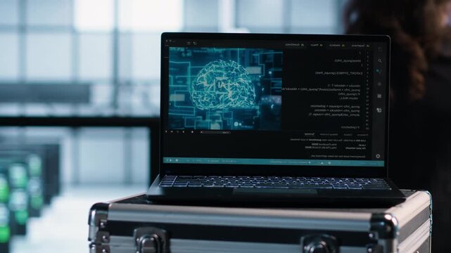 Software developers work in a data center with laptop as predictive maintenance, screen detail and AI operations shape the infrastructure task.