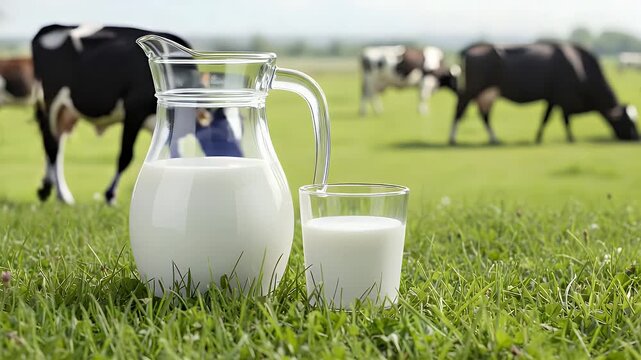 Clear glass pitcher and a filled cup containing fresh organic dairy milk sitting on a green grassy pasture during a bright and sunny summer afternoon
